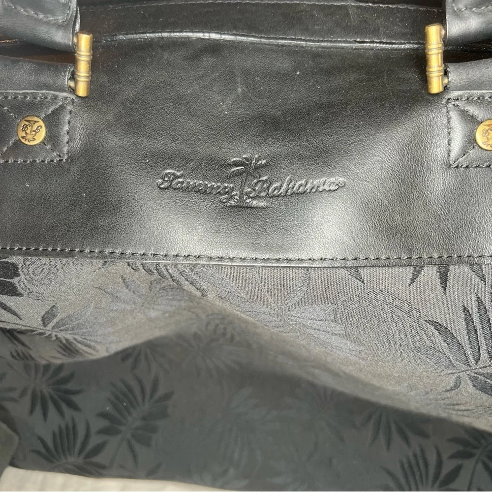 Tommy Bahama Large Black Duffle Bag, Shoulder Strap Top Handles Leather Accents